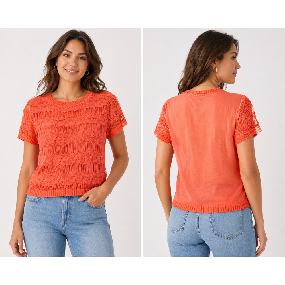 Takeout Women XL Coral Orange Mixed Media Cable Knit Fringe Boho‎ Short Sleeve